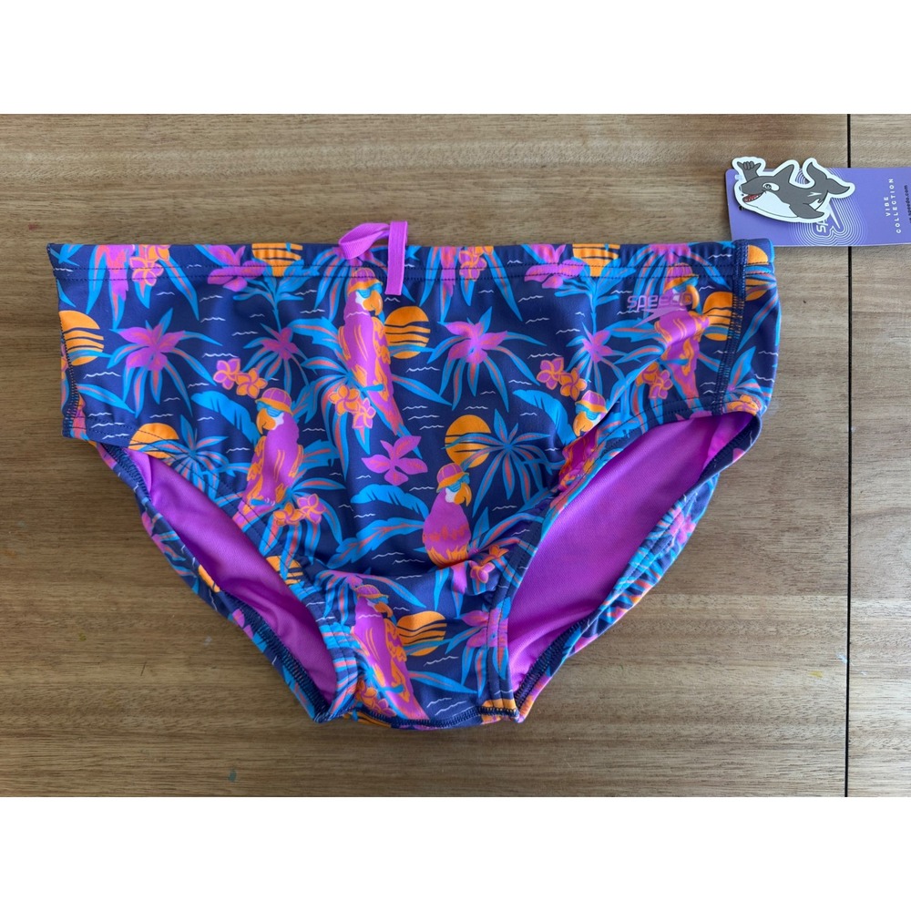 Speedo Endurance Mens 36 Swim Briefs Vibe Tropical Parrot Palm Tree Purple NWT